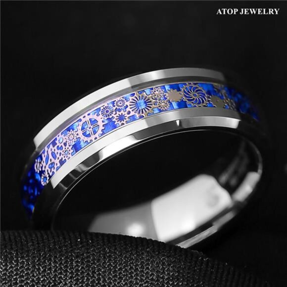 Men's Wedding Band Ring with Clockwork Gears and Blue Carbon Fiber - Picture 3 of 6